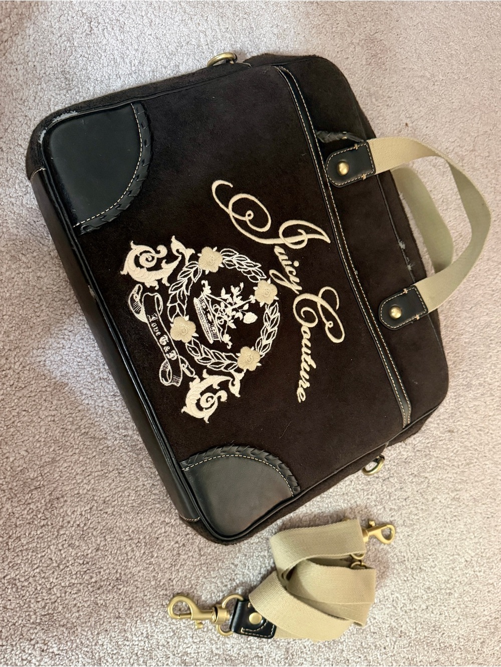 Y2K Juicy Couture Brown Suede Laptop Bag with Cream Embroidered Crest